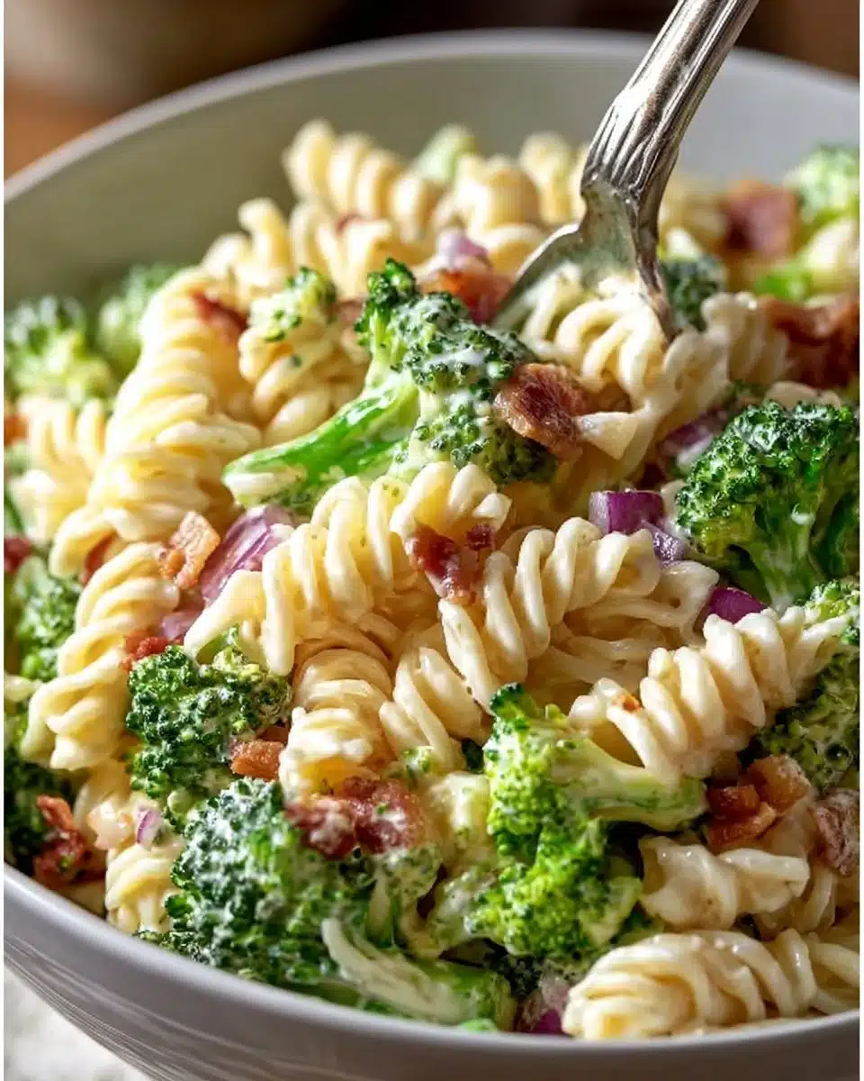 Delicious broccoli pasta salad with fresh vegetables and dressing