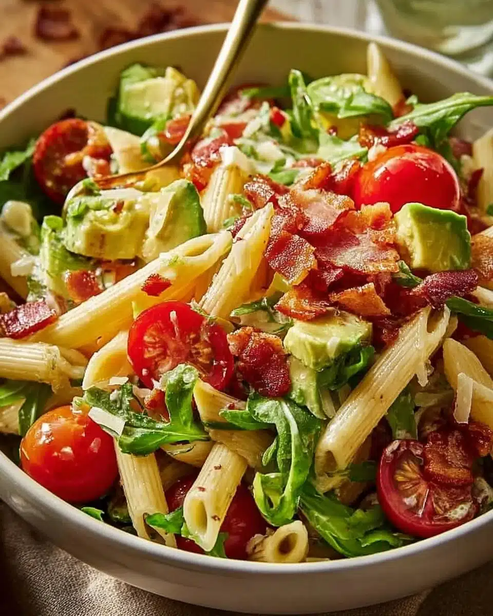 Bowl of gluten free dairy free BLT pasta salad with bacon, lettuce, and tomatoes