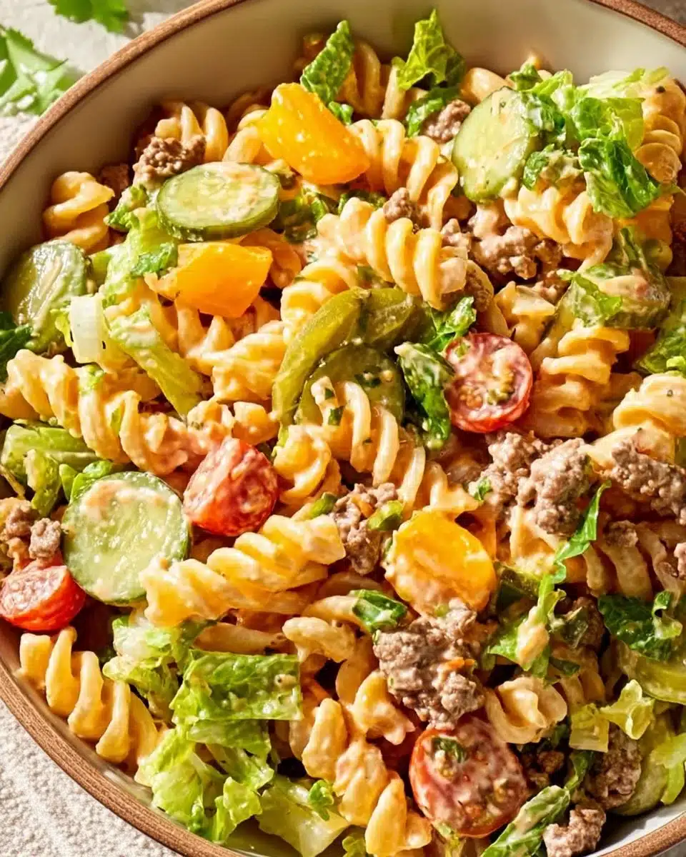 Big Mac Pasta Salad with ground beef, lettuce, cheese, and special sauce in a bowl