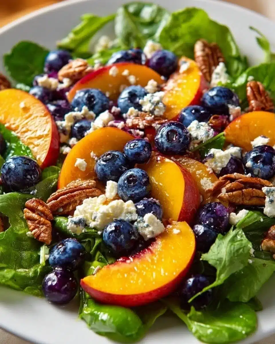 Colorful Blueberry Peach Feta Salad with vibrant fruits and feta cheese