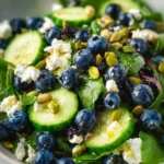 A colorful Blueberry Pistachio Spring Salad with fresh ingredients and vibrant colors.