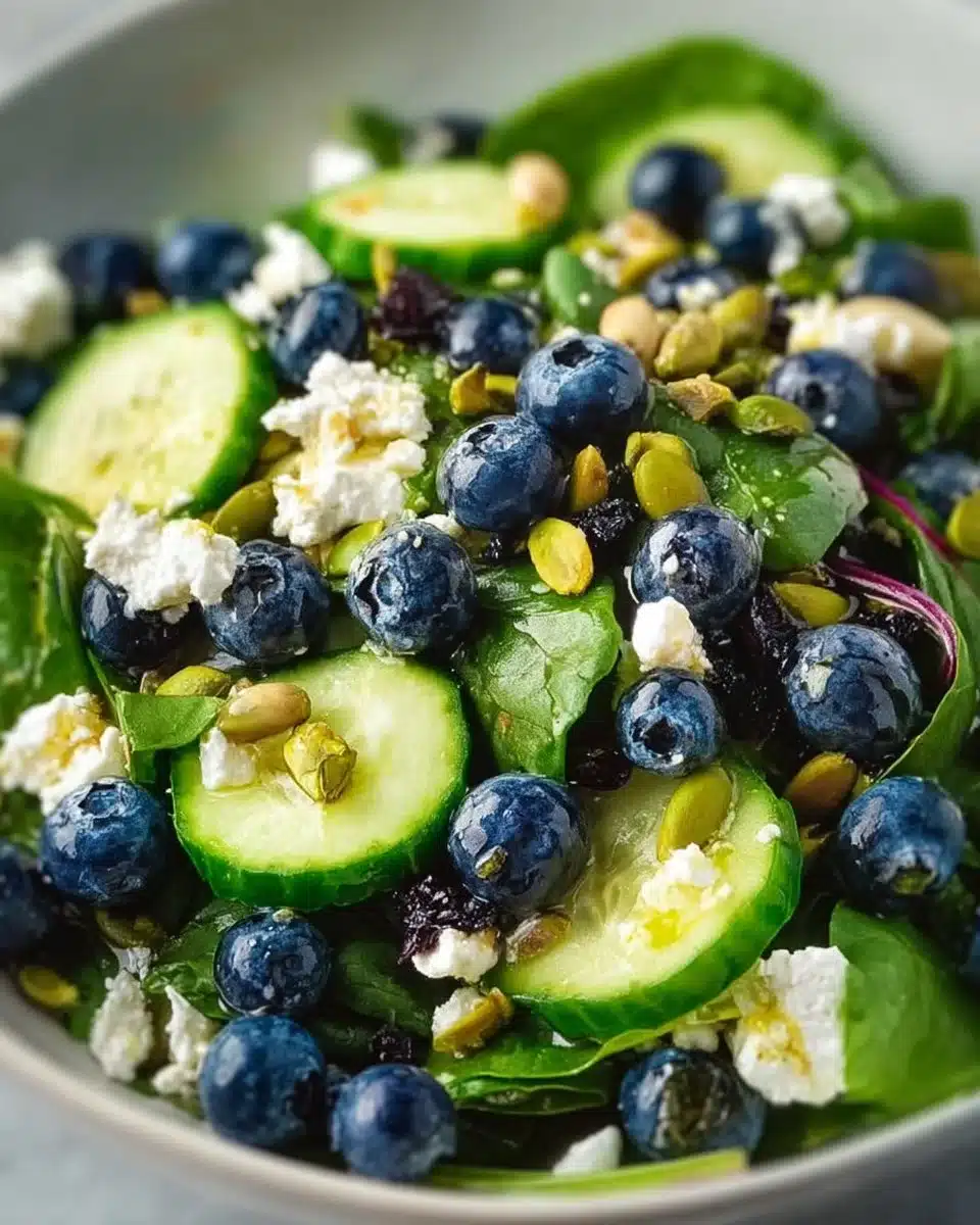 A colorful Blueberry Pistachio Spring Salad with fresh ingredients and vibrant colors.
