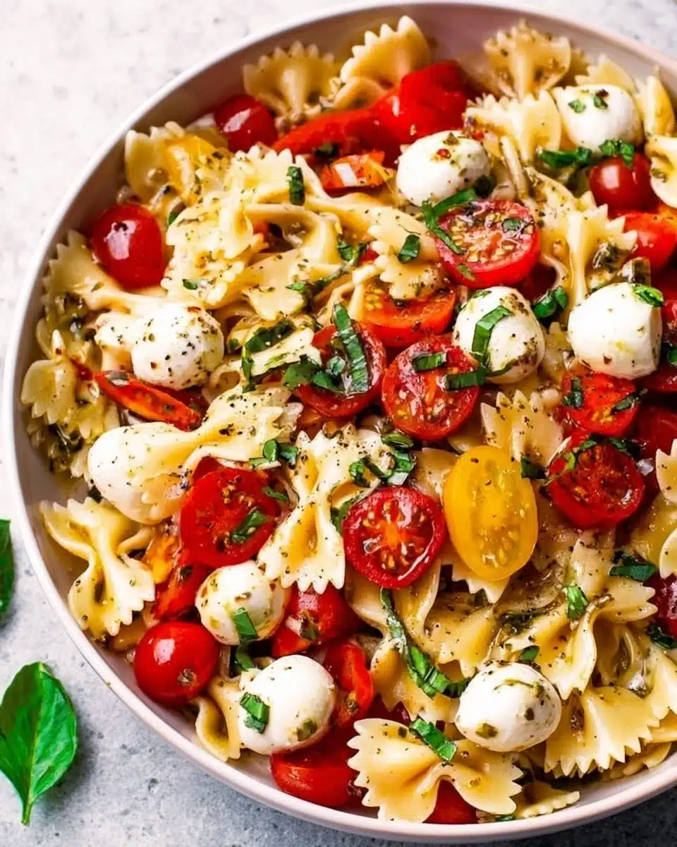 Delicious Caprese Pasta Salad featuring tomatoes, mozzarella, basil, and pasta.