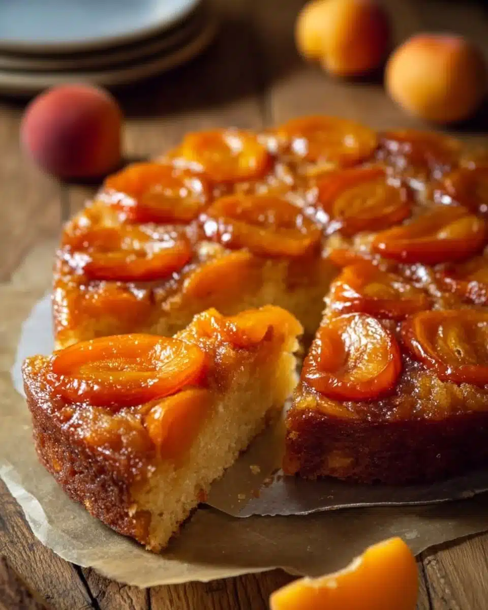 Sliced caramelized apricot upside down cake on a white plate