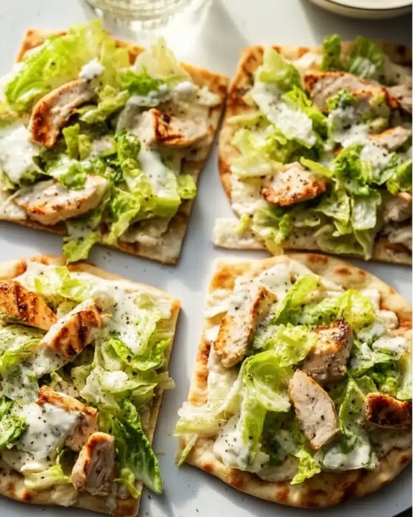 Delicious Chicken Caesar Flatbread topped with fresh lettuce and creamy dressing.