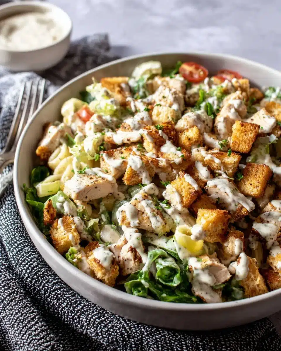 Delicious Chicken Caesar Pasta Salad in a bowl with fresh ingredients and dressing