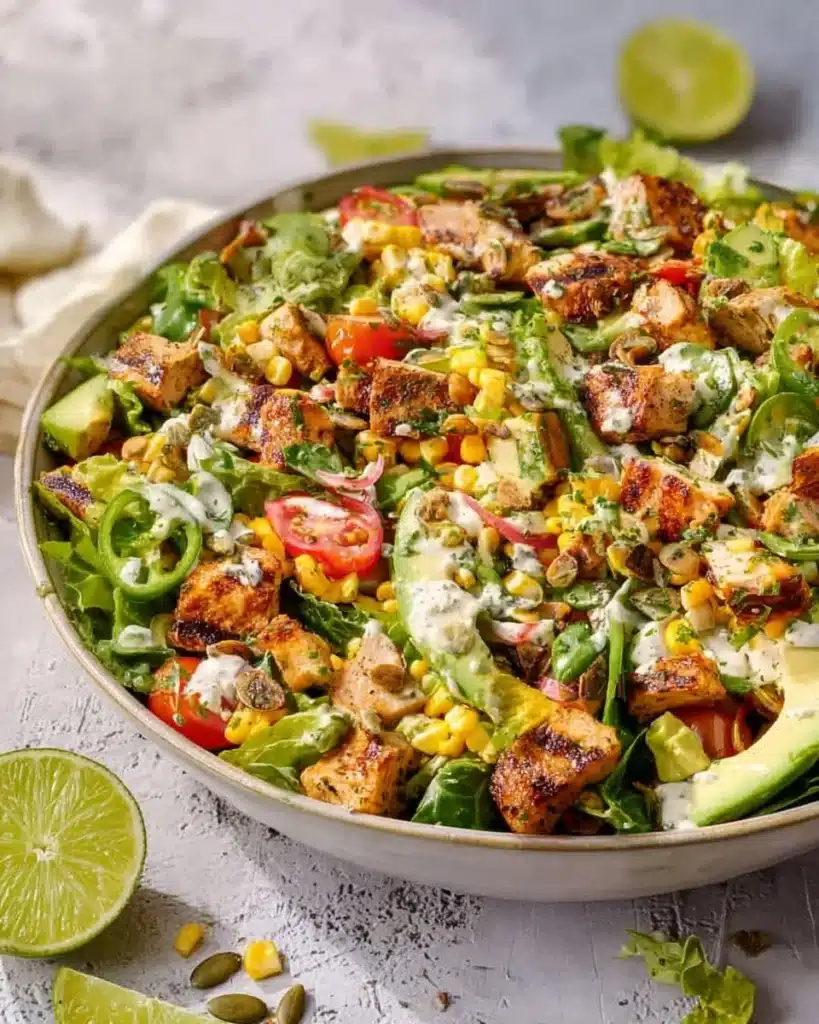 A vibrant chicken chopped salad with fresh vegetables and dressing