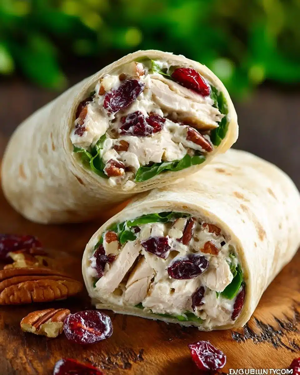 Chicken salad wraps with cranberries and pecans on a plate