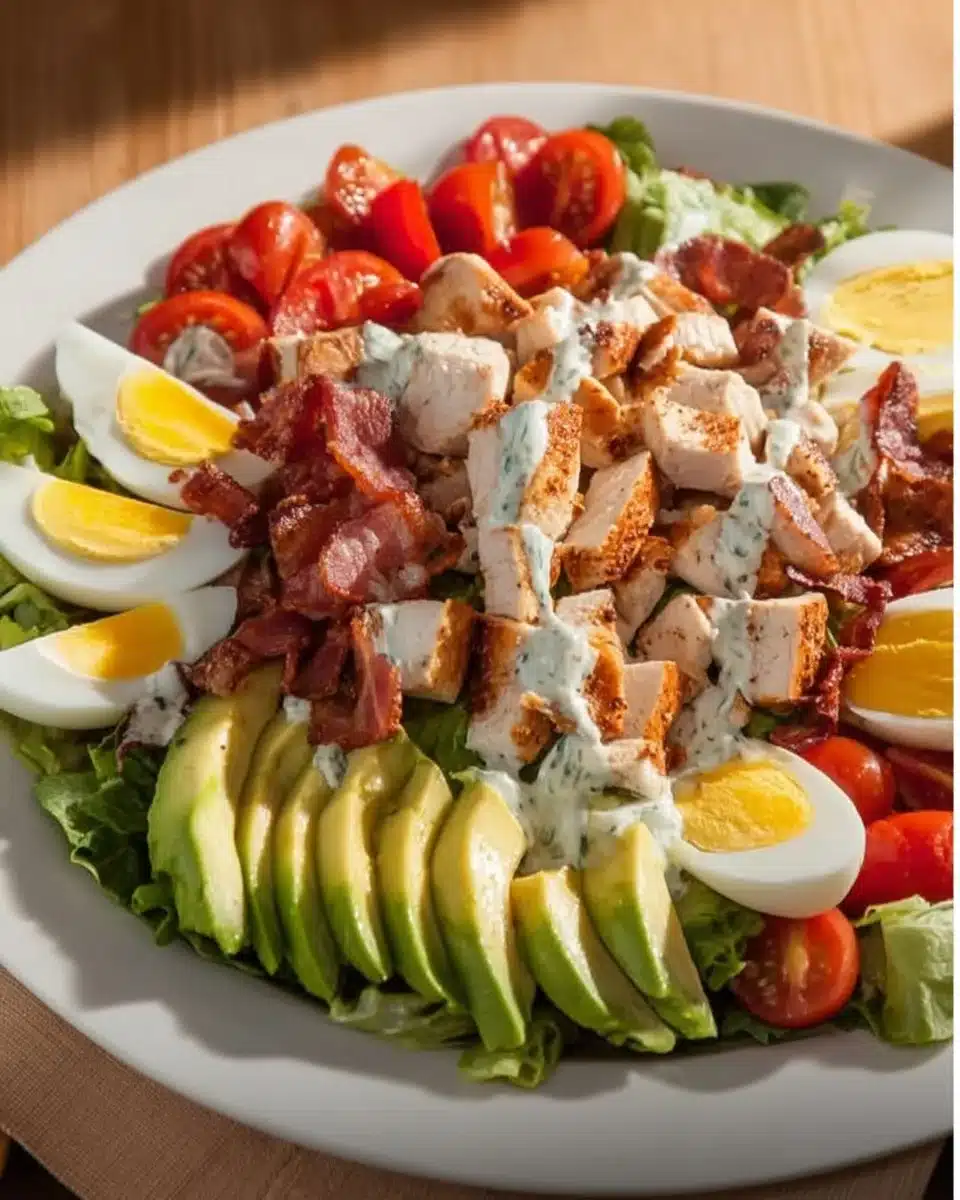 Colorful and fresh Cobb Salad with lettuce, avocado, bacon, and eggs