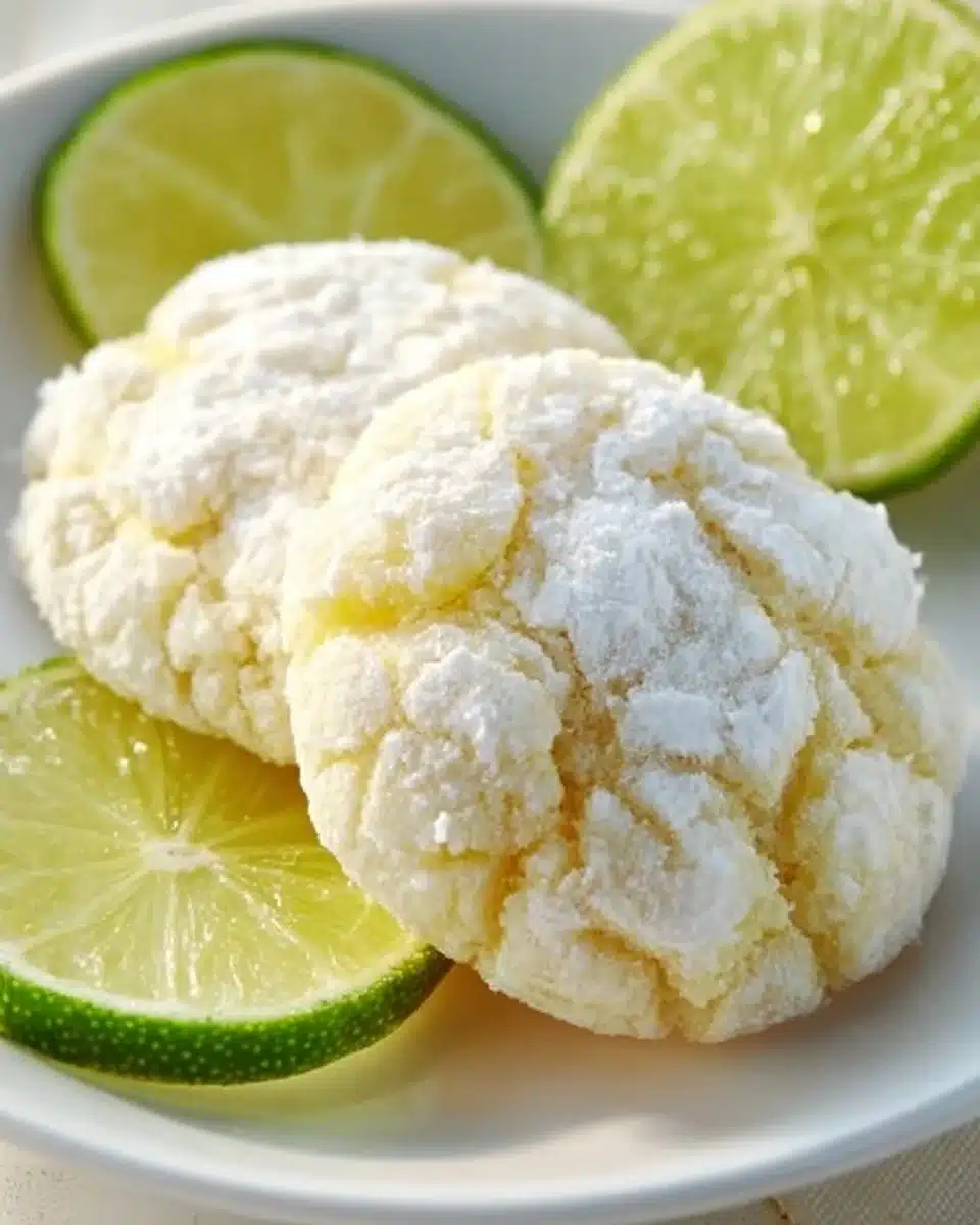 Coconut Key Lime Crinkle Cookies arranged on a plate with powdered sugar dusting