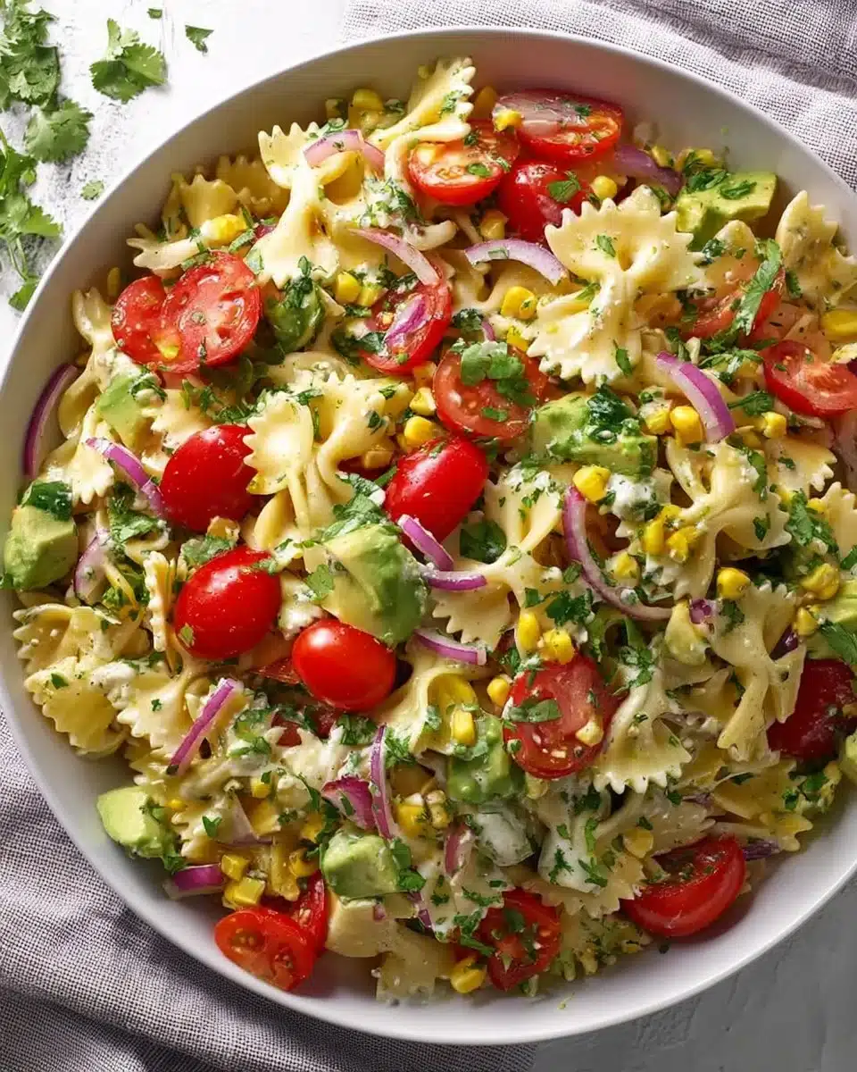 Corn and avocado pasta salad served in a bowl, garnished with herbs.