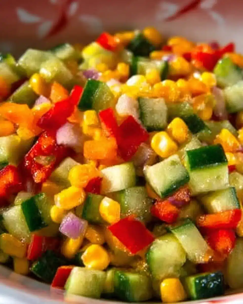 Corn and cucumber picnic salad in a colorful bowl ready for summer outings