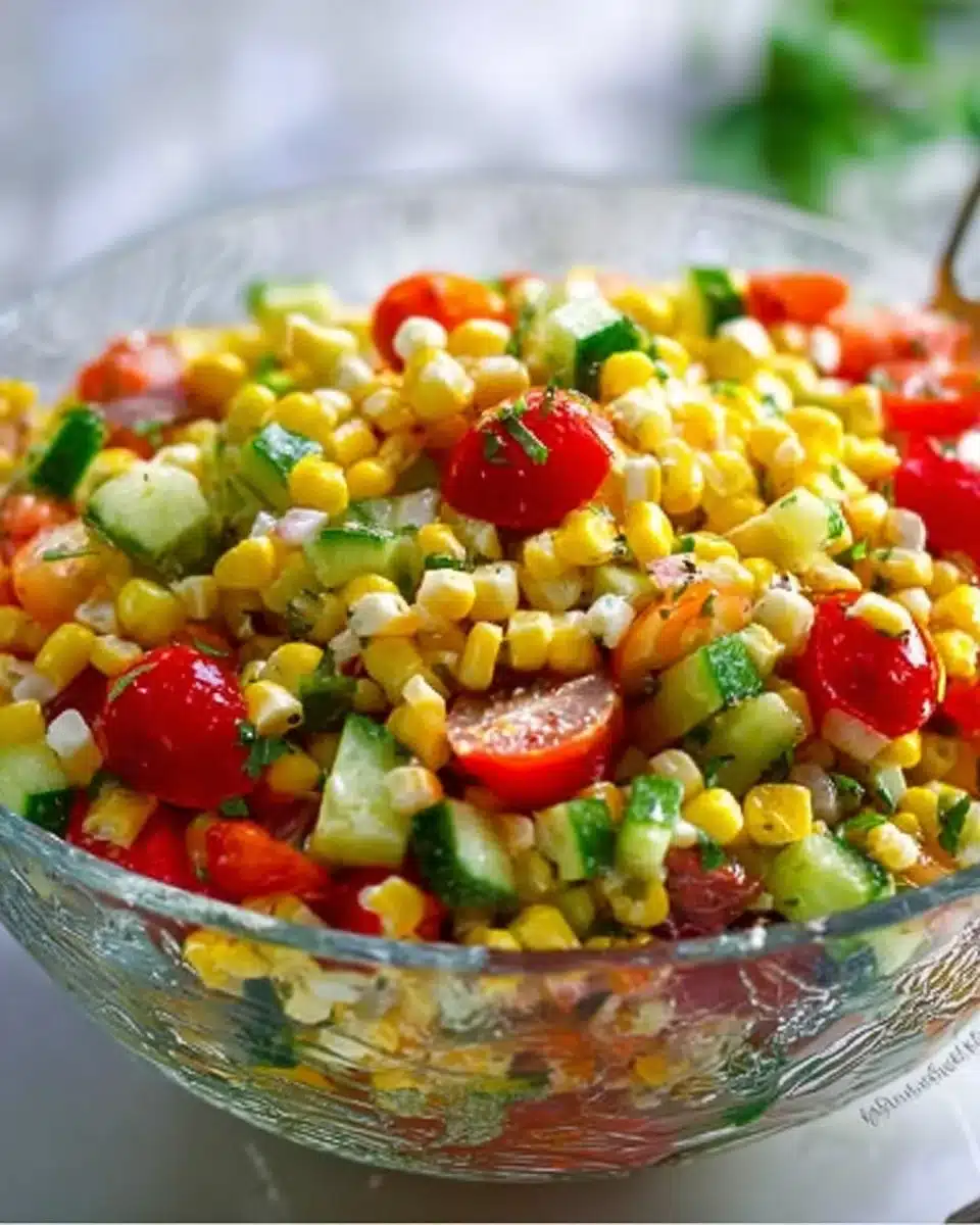 Delicious corn salad in a bowl with fresh vegetables