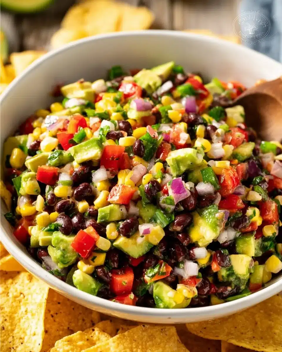 Colorful bowl of Cowboy Caviar with black beans, corn, tomatoes, and avocado.