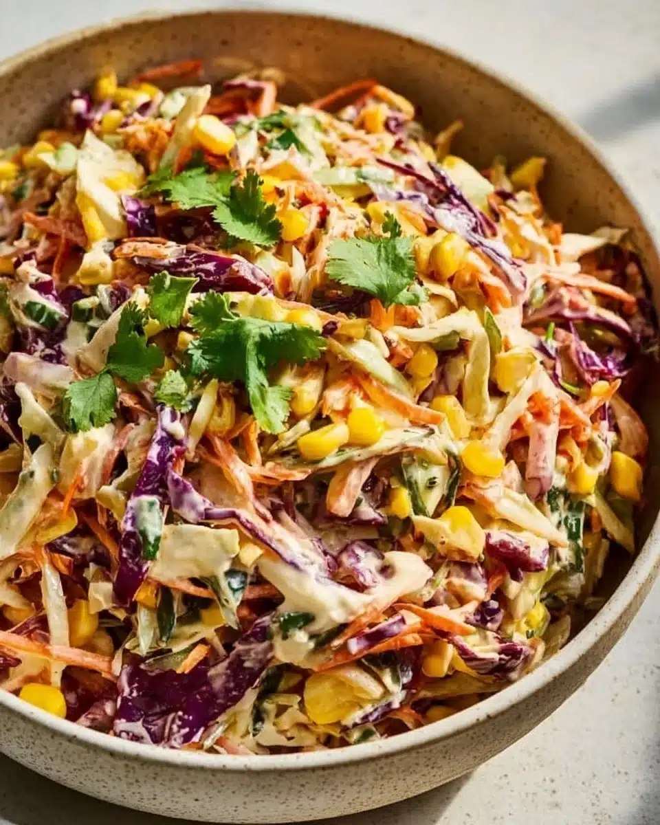 Bowl of Cowboy Coleslaw with colorful veggies and dressing