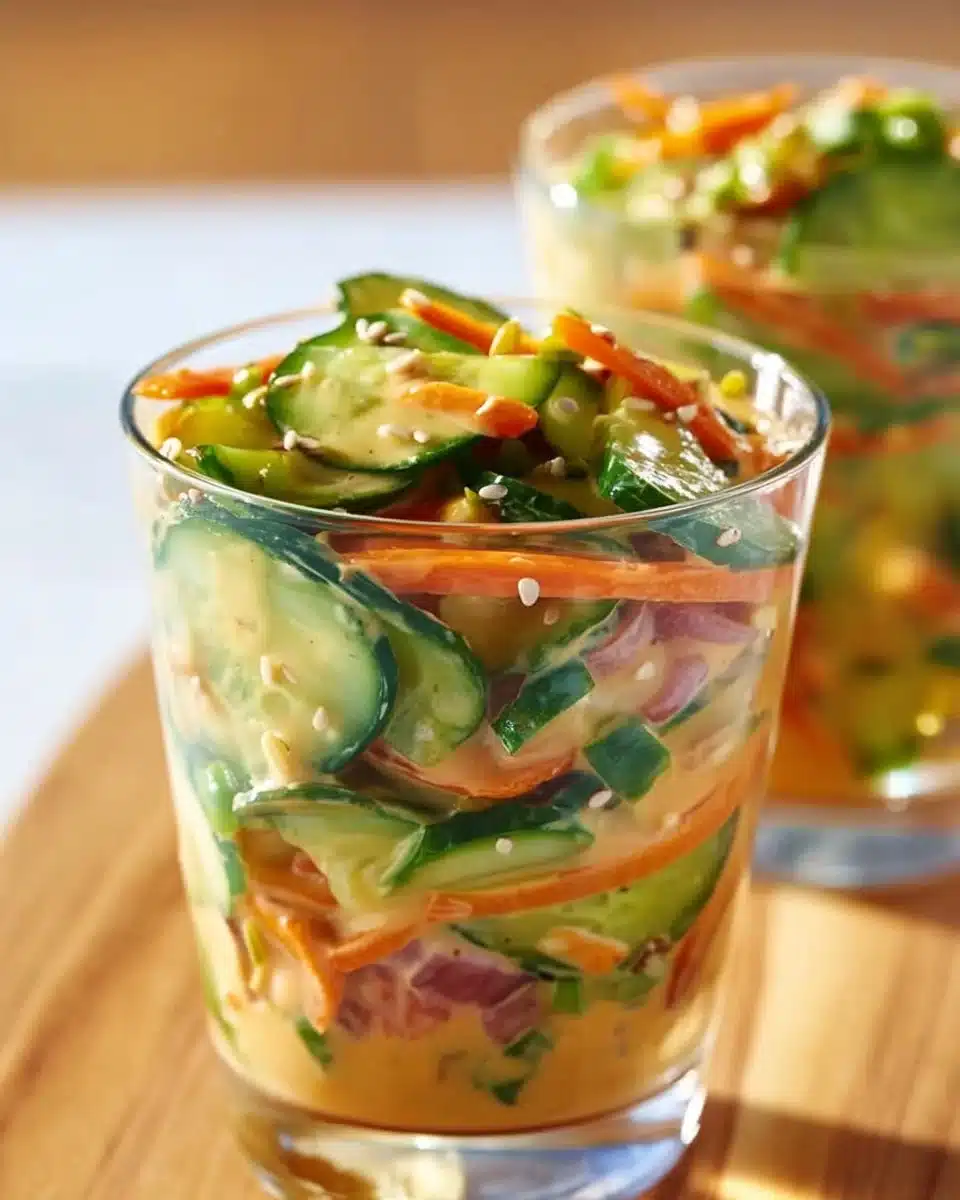 Creamy Asian cucumber salad served in a bowl garnished with herbs