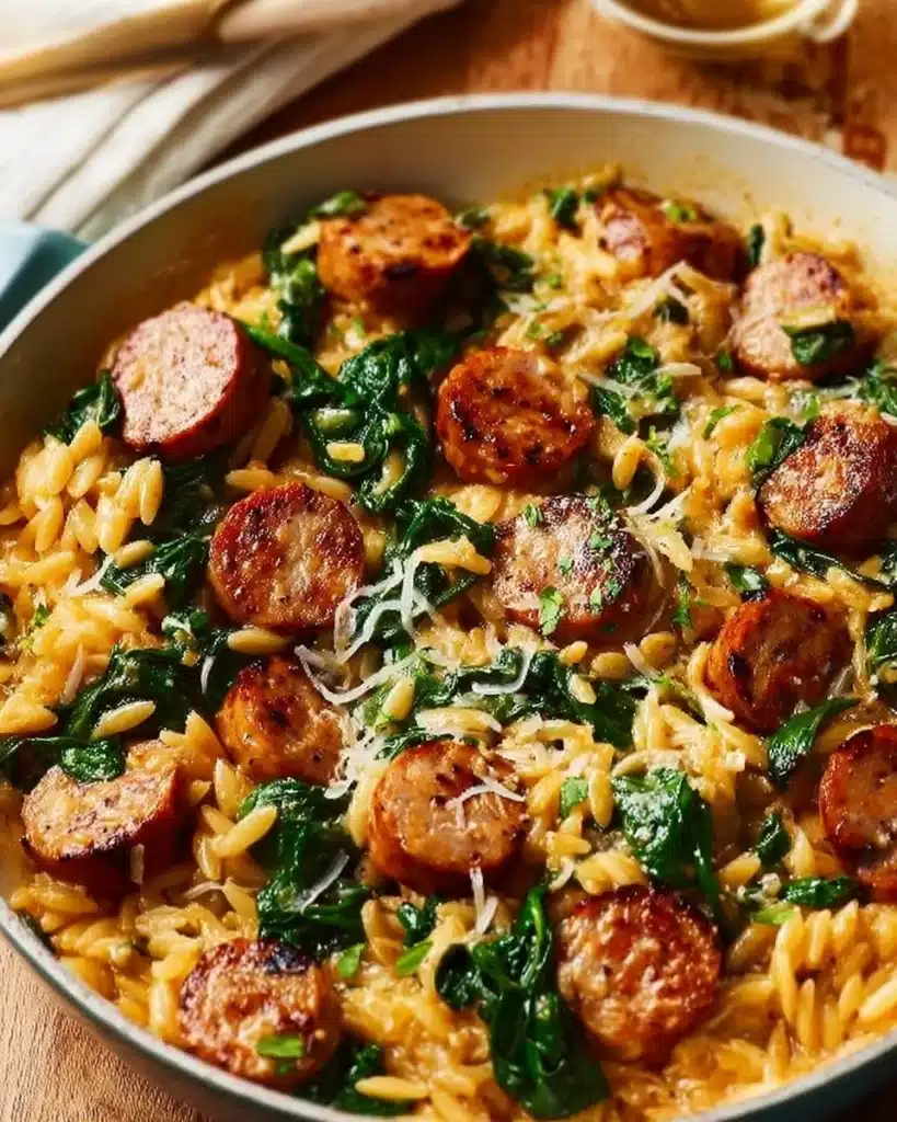 Creamy chicken sausage orzo dish in a one-pan meal