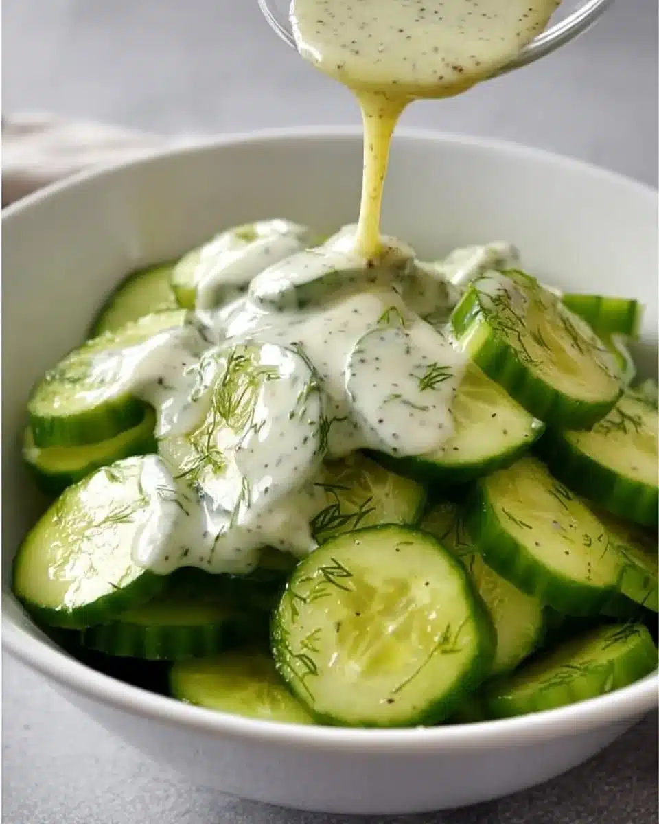 Creamy Cucumber Salad in a bowl with fresh cucumbers and herbs