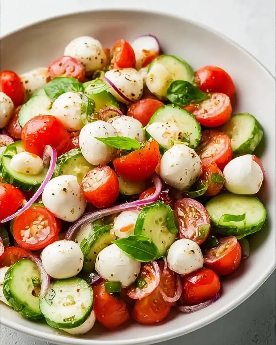 Cucumber Caprese Salad with tomatoes and mozzarella on a plate