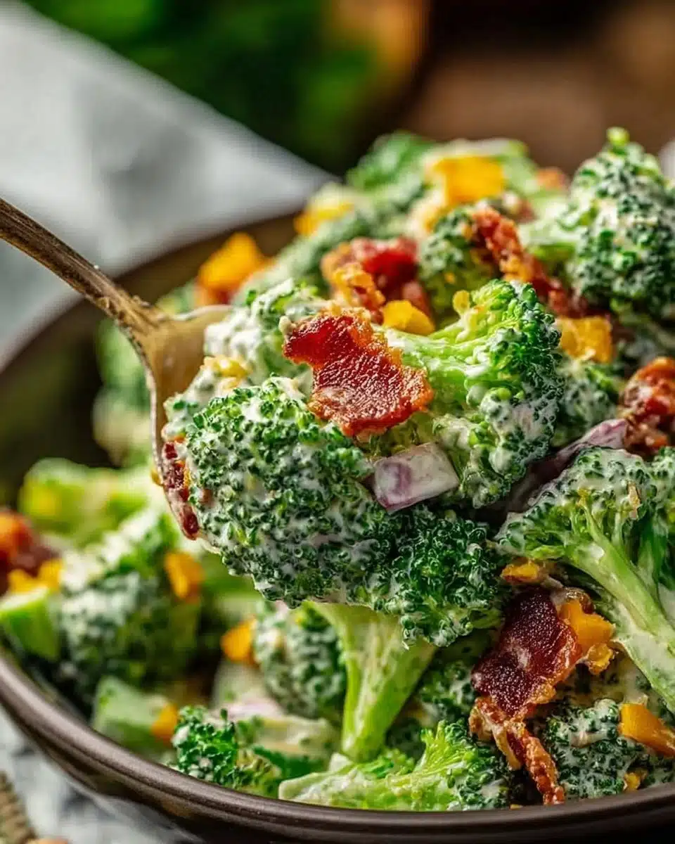Colorful bowl of delicious broccoli ranch salad with fresh ingredients