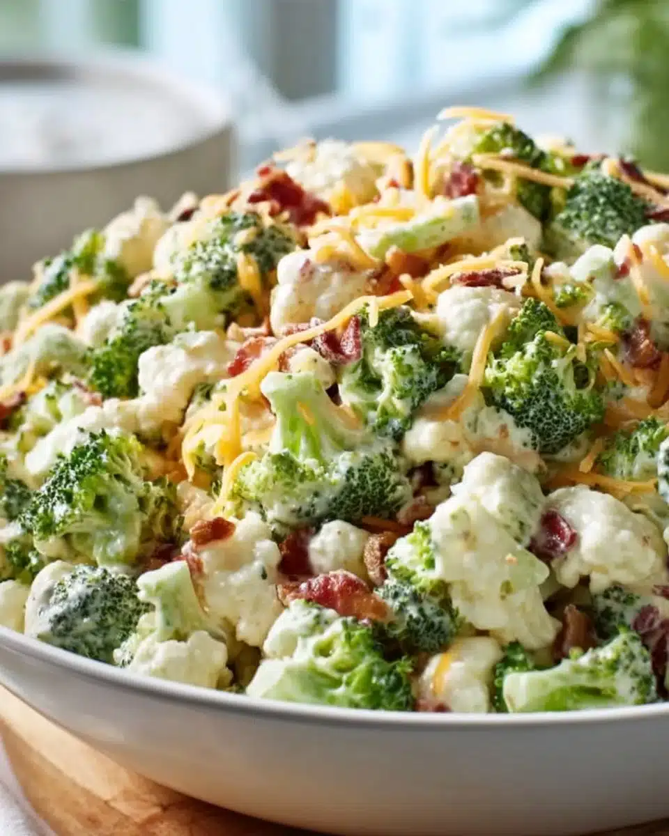 Delicious broccoli cauliflower salad with sweet dressing and fresh vegetables