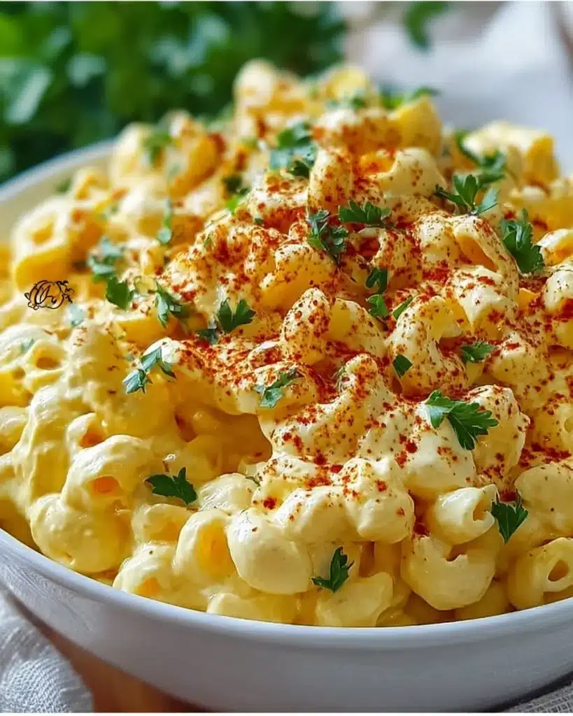 Deviled egg macaroni salad served in a bowl