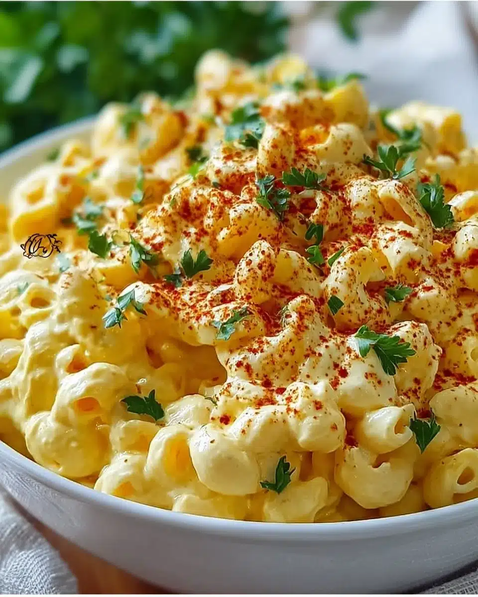 Deviled egg macaroni salad served in a bowl