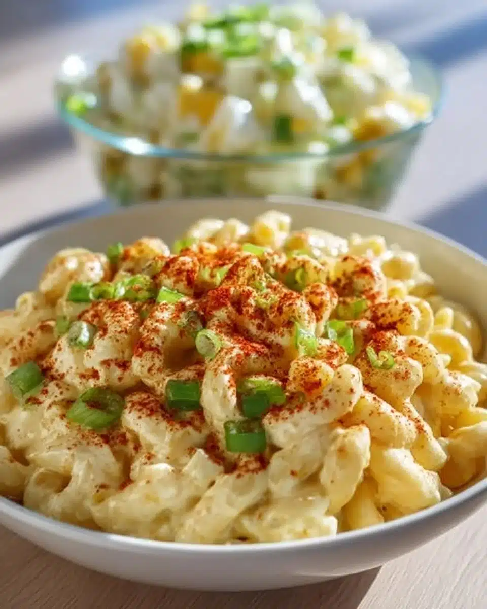 Delicious deviled egg pasta salad in a bowl with fresh herbs and toppings