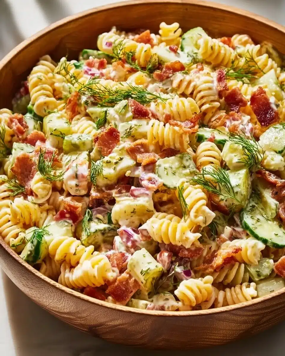 Serving dish of Dill Pickle Bacon Pasta Salad with fresh ingredients