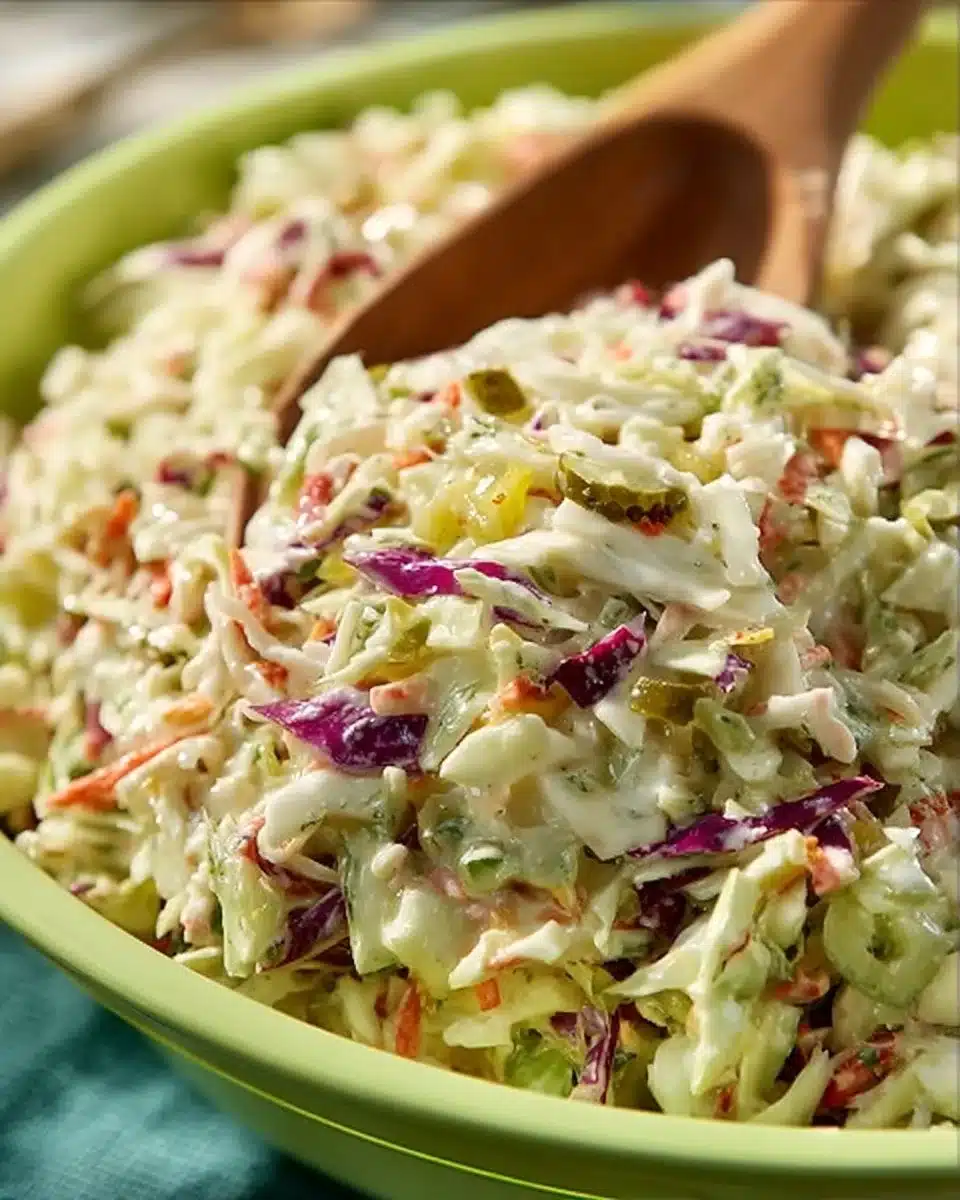 Bowl of dill pickle coleslaw with fresh cucumbers and carrots