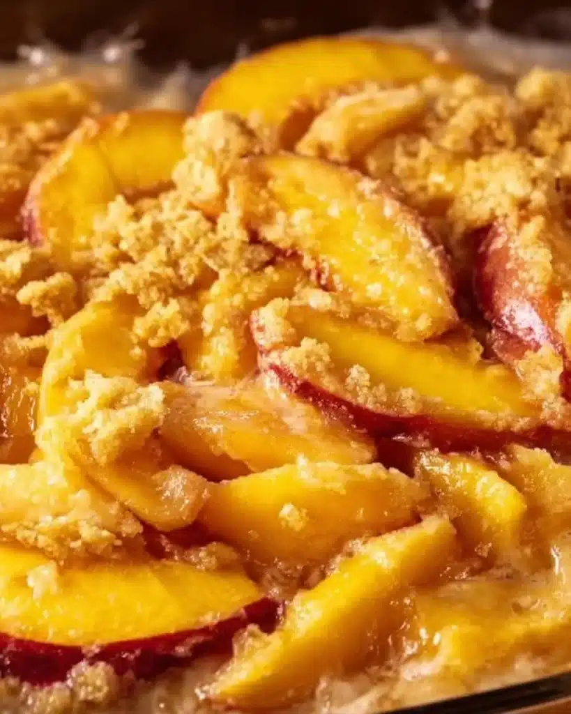 Baked easy peach crisp topped with a golden oat crumble