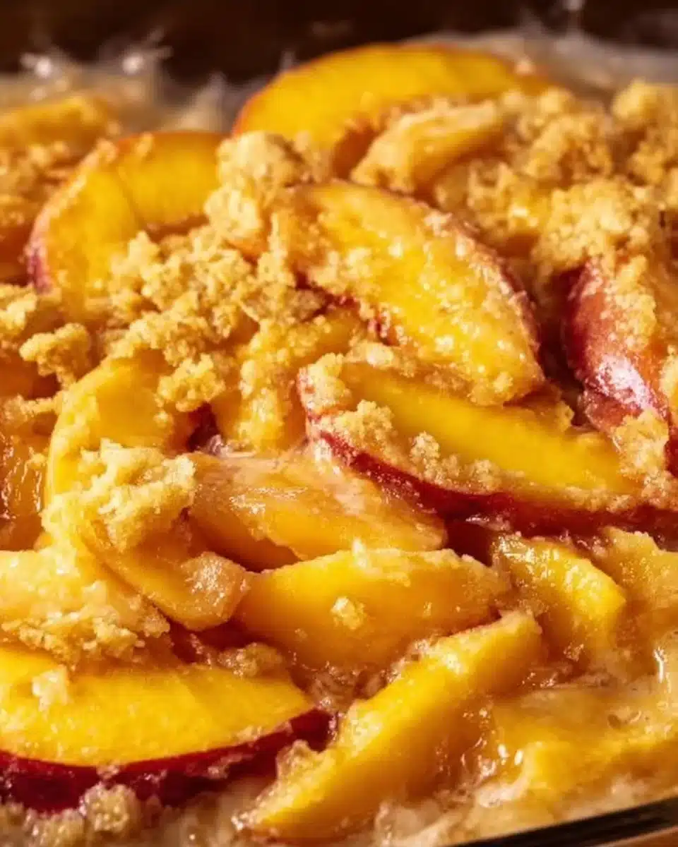 Baked easy peach crisp topped with a golden oat crumble