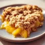 Easy peach crumble pie with a golden topping and fresh peach filling