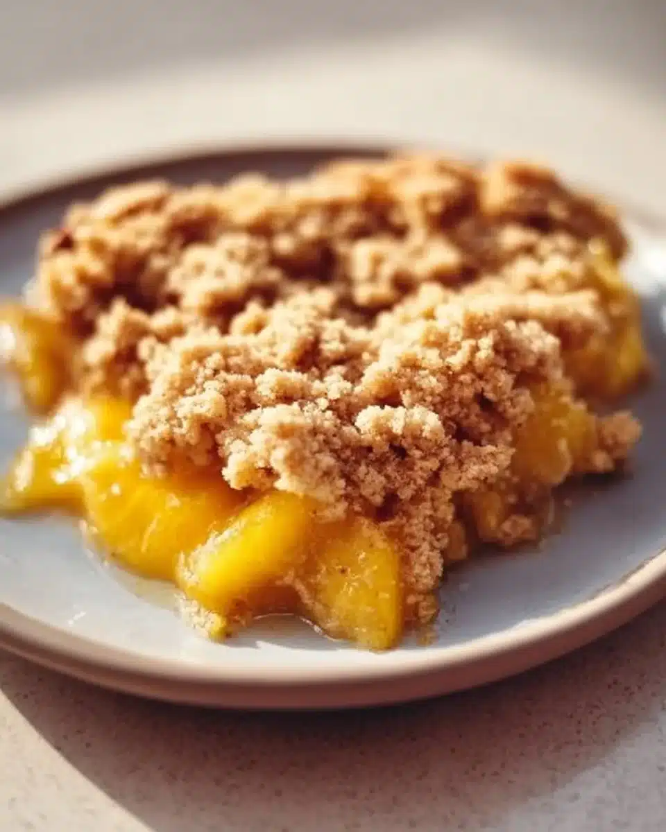 Easy peach crumble pie with a golden topping and fresh peach filling
