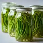 Jars of easy pickled garlic scapes ready for preservation