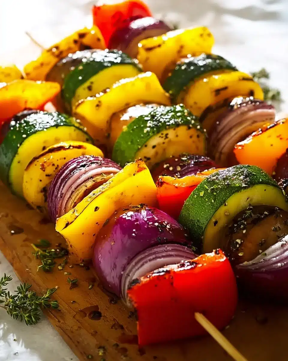 Colorful platter of flavorful grilled veggie skewers with peppers and zucchini