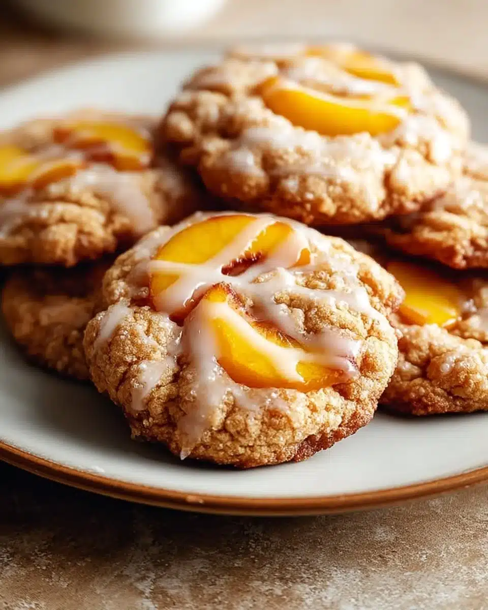 Plate of fluffy peach cobbler cookies with fresh peaches