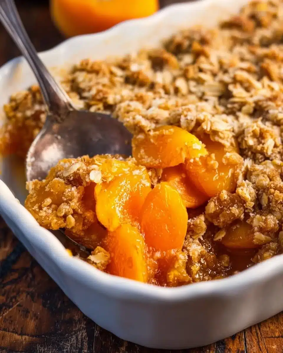 Fresh apricot crisp topped with buttery crumble and fresh apricots in a baking dish