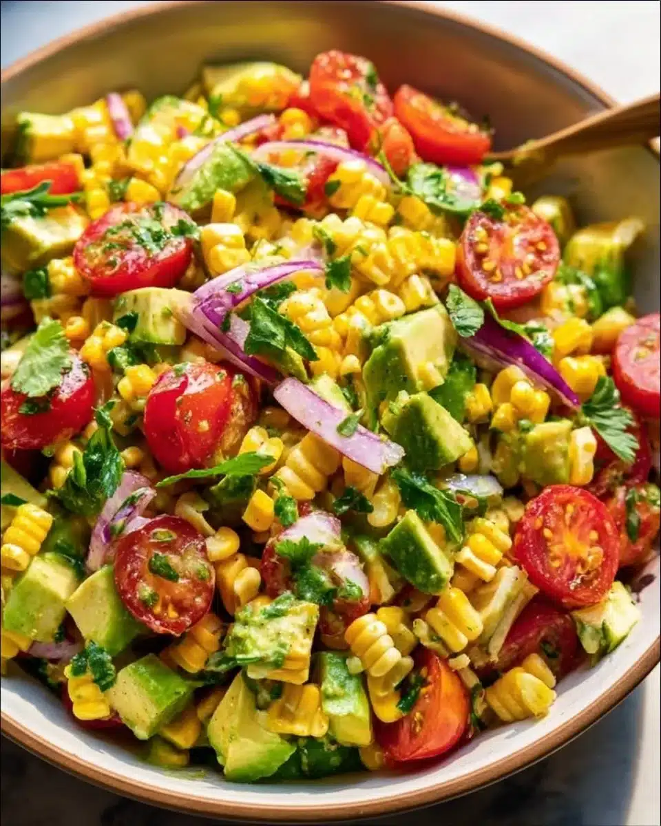 Fresh corn salad with colorful vegetables and herbs