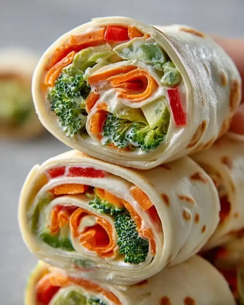 Fresh vegetable tortilla roll ups with colorful veggies wrapped in tortillas.