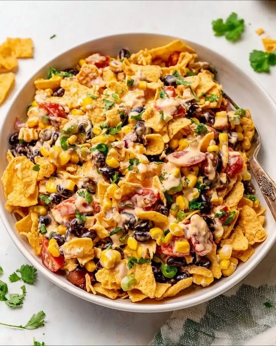 Bowl of Frito Corn Salad with corn, Fritos, and colorful vegetables