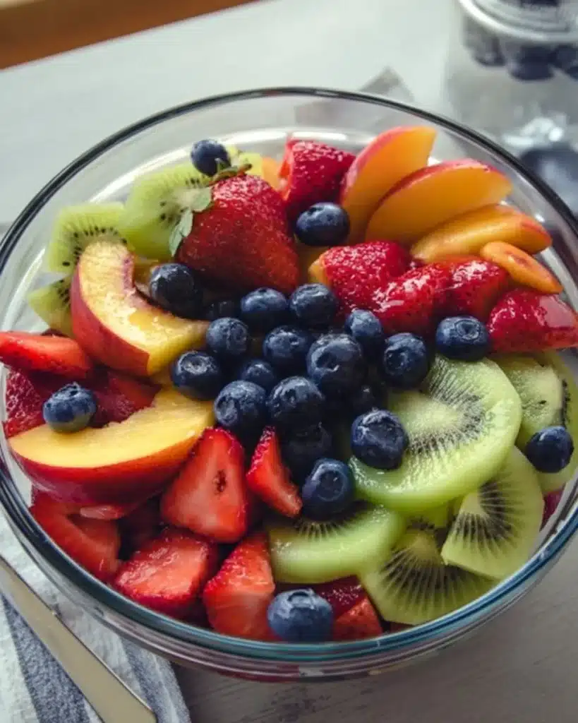 Bowl of fresh fruit salad with assorted fruits like berries, kiwi, and melon.