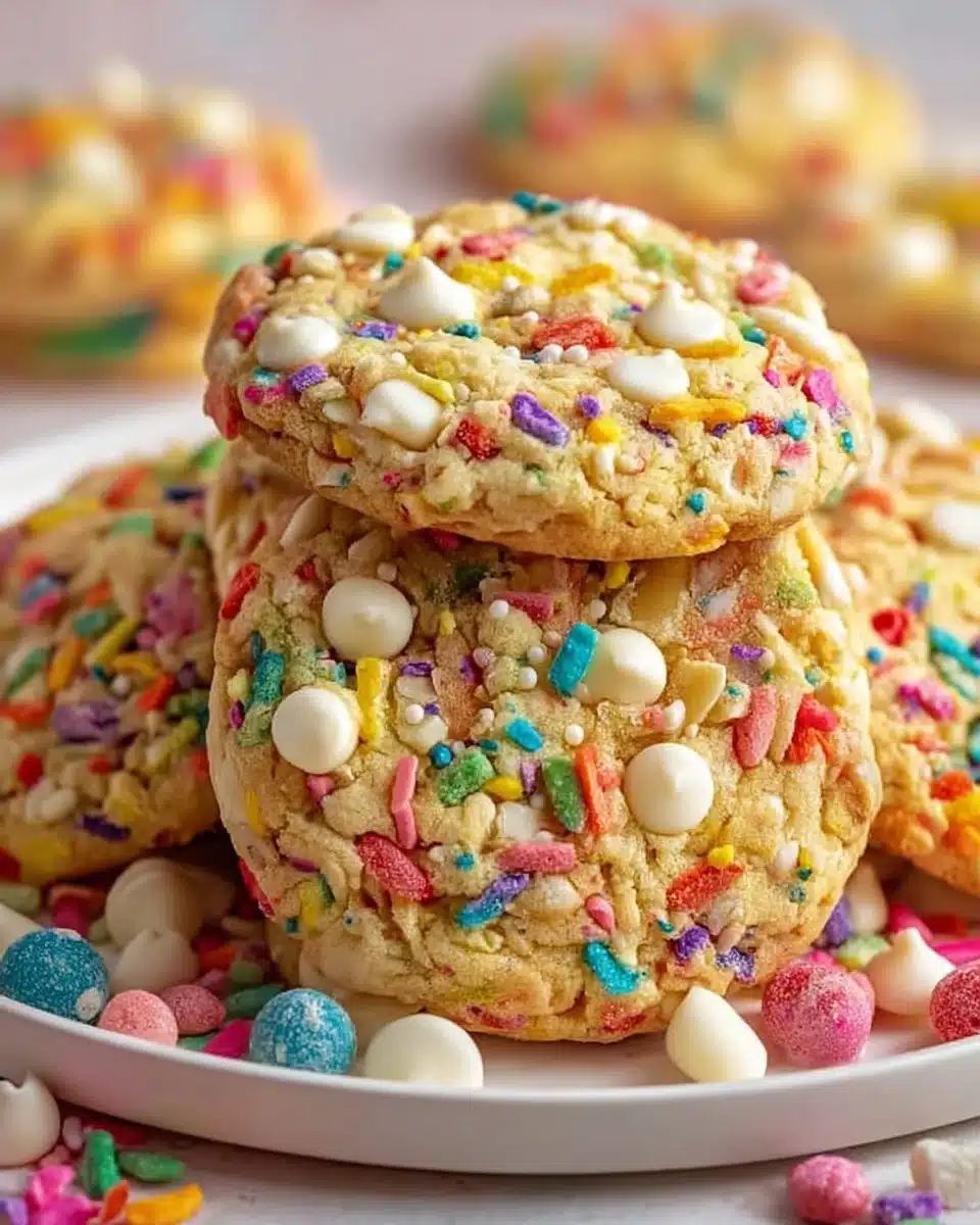 Delicious Fruity Pebbles Cookies with colorful cereal topping