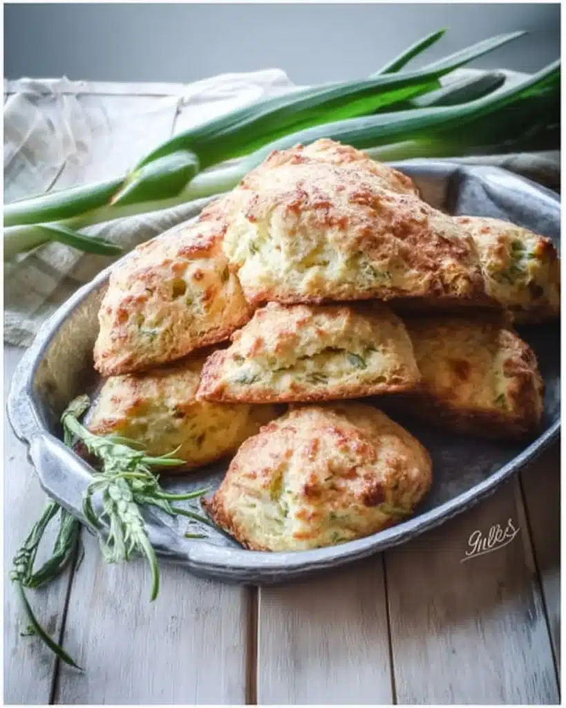 Delicious garlic scape biscuits on a rustic wooden table.