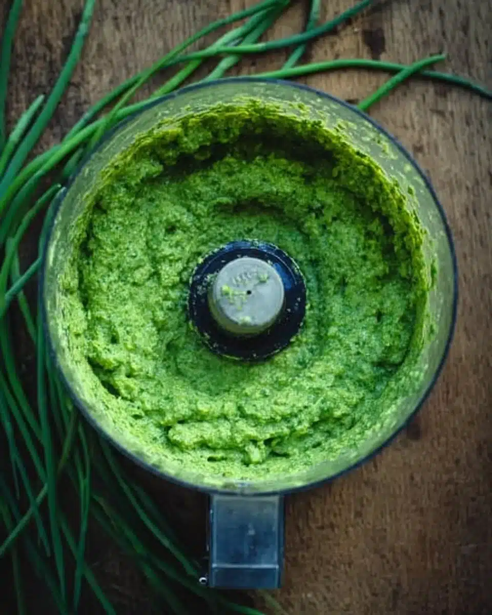 A bowl of homemade Garlic Scape Pesto with fresh ingredients and herbs.