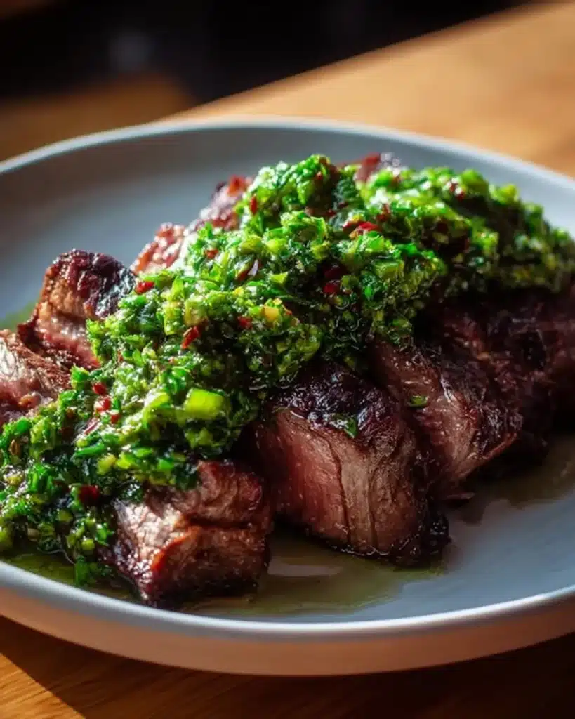 Gourmet garlic scape chimichurri sauce in a bowl with fresh herbs