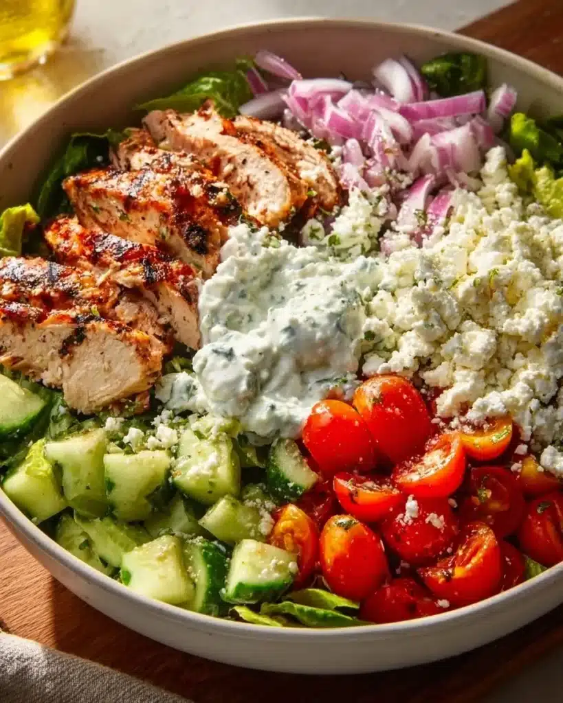 Greek Chicken Bowl with fresh vegetables and flavorful toppings