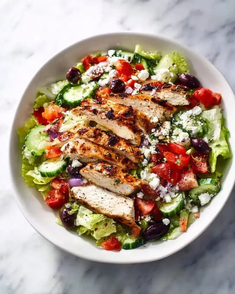 Delicious Greek Chicken Salad with veggies, feta, and olives in a bowl