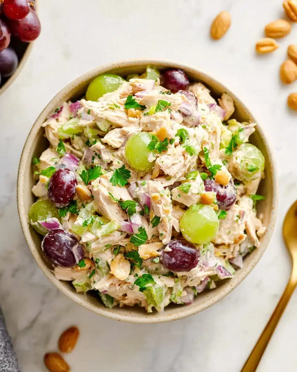 Healthy Greek yogurt chicken salad served in a bowl with fresh vegetables