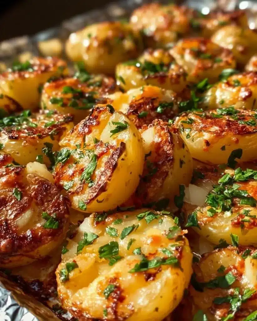 Delicious grilled cheesy garlic potatoes served hot and ready to enjoy.